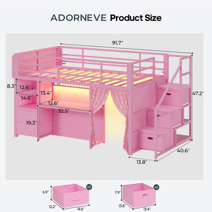 ADORNEVE Low Loft Bed Twin Size with Stairs and Privacy Curtain LED loft bed with Art  Drawing Desk and 5 Drawers Kids Loft Bed with Bookshelf and Safety Guardrail Under-Bed Play Space
