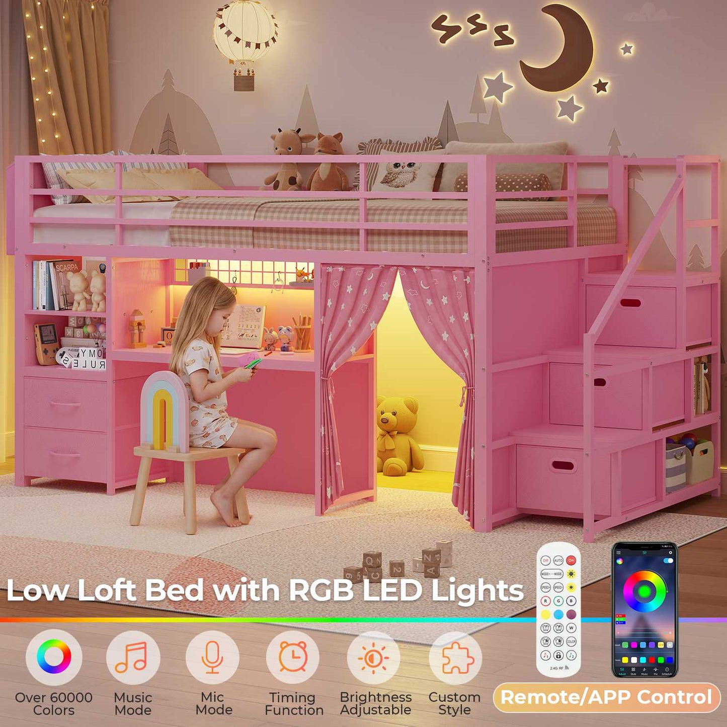 ADORNEVE Low Loft Bed Twin Size with Stairs and Privacy Curtain LED loft bed with Art  Drawing Desk and 5 Drawers Kids Loft Bed with Bookshelf and Safety Guardrail Under-Bed Play Space