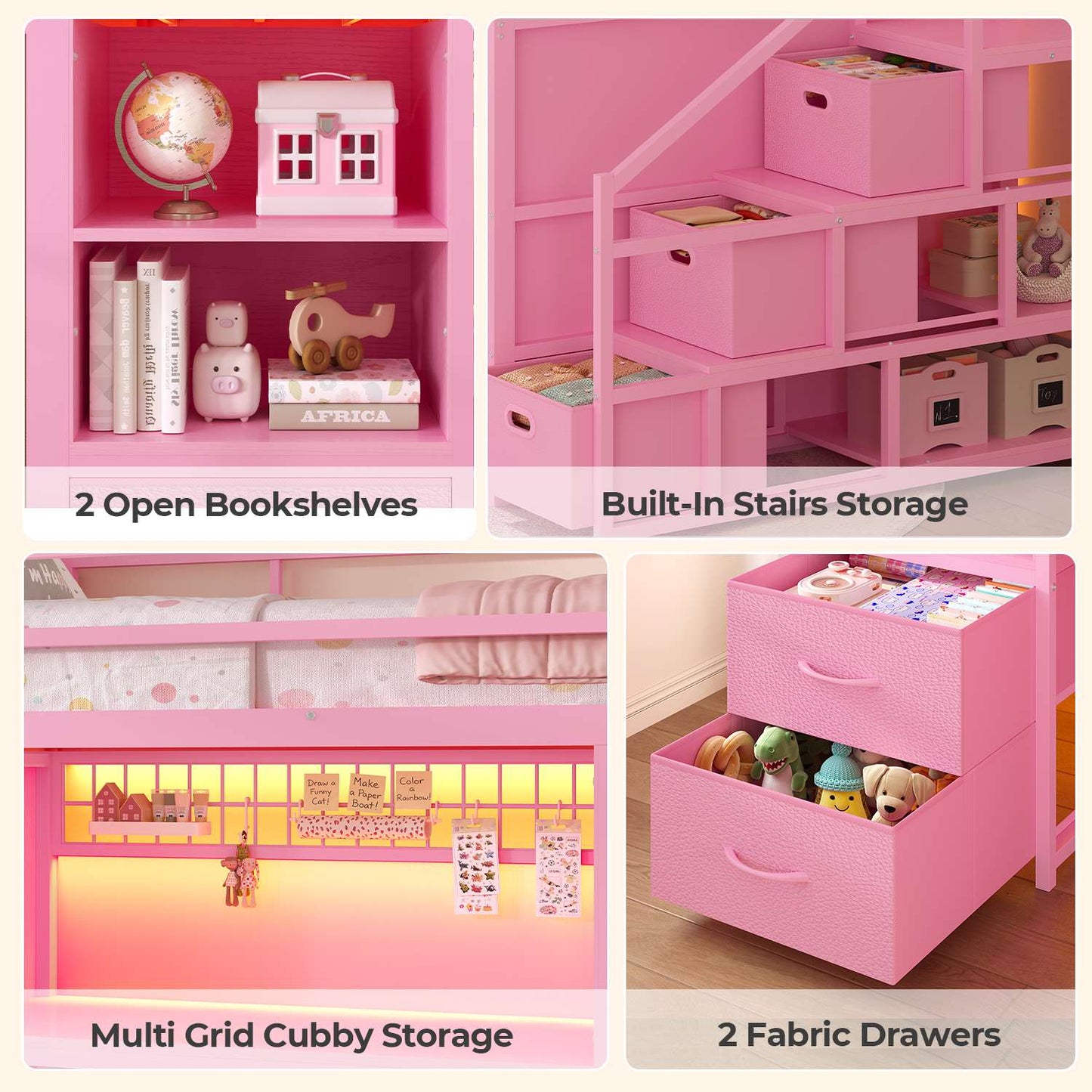 ADORNEVE Low Loft Bed Twin Size with Stairs and Privacy Curtain LED loft bed with Art  Drawing Desk and 5 Drawers Kids Loft Bed with Bookshelf and Safety Guardrail Under-Bed Play Space