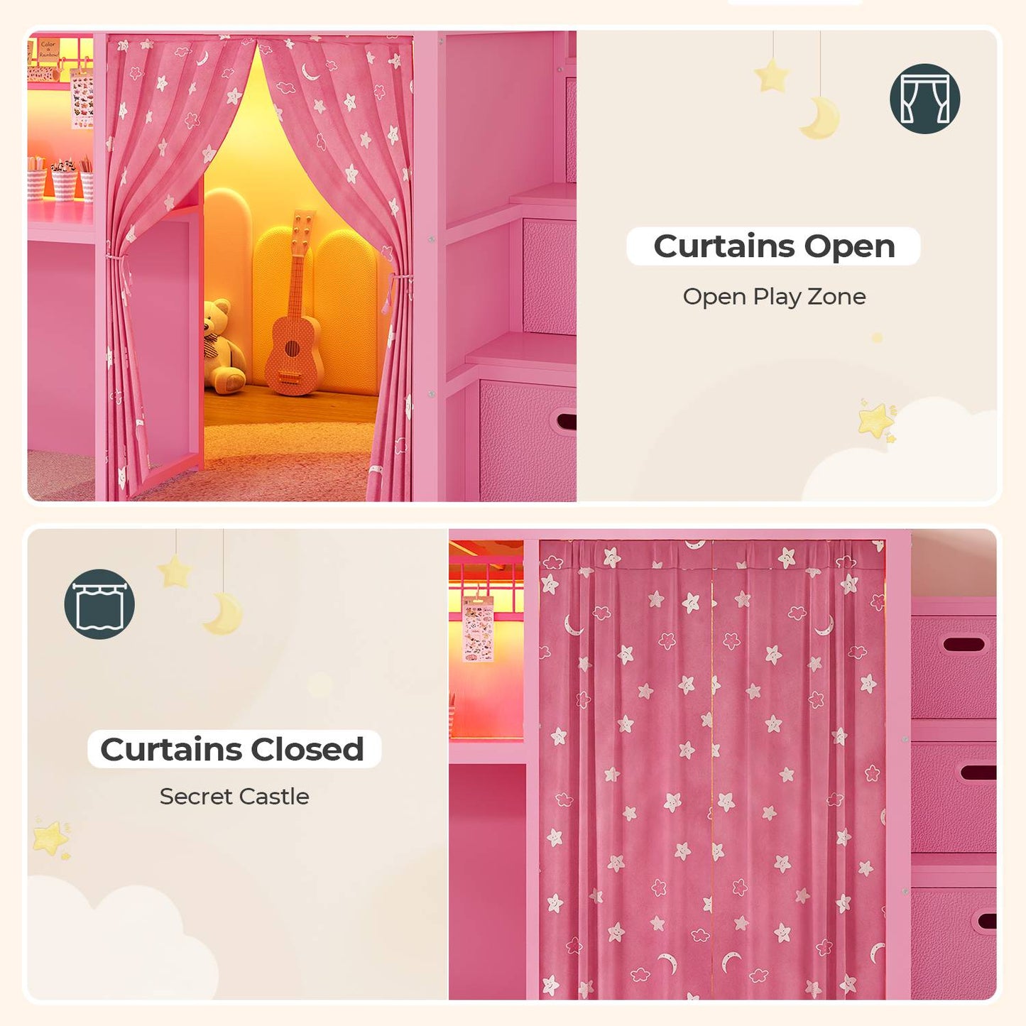 ADORNEVE Low Loft Bed Twin Size with Stairs and Privacy Curtain LED loft bed with Art  Drawing Desk and 5 Drawers Kids Loft Bed with Bookshelf and Safety Guardrail Under-Bed Play Space