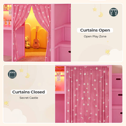 ADORNEVE Low Loft Bed Twin Size with Stairs and Privacy Curtain LED loft bed with Art  Drawing Desk and 5 Drawers Kids Loft Bed with Bookshelf and Safety Guardrail Under-Bed Play Space