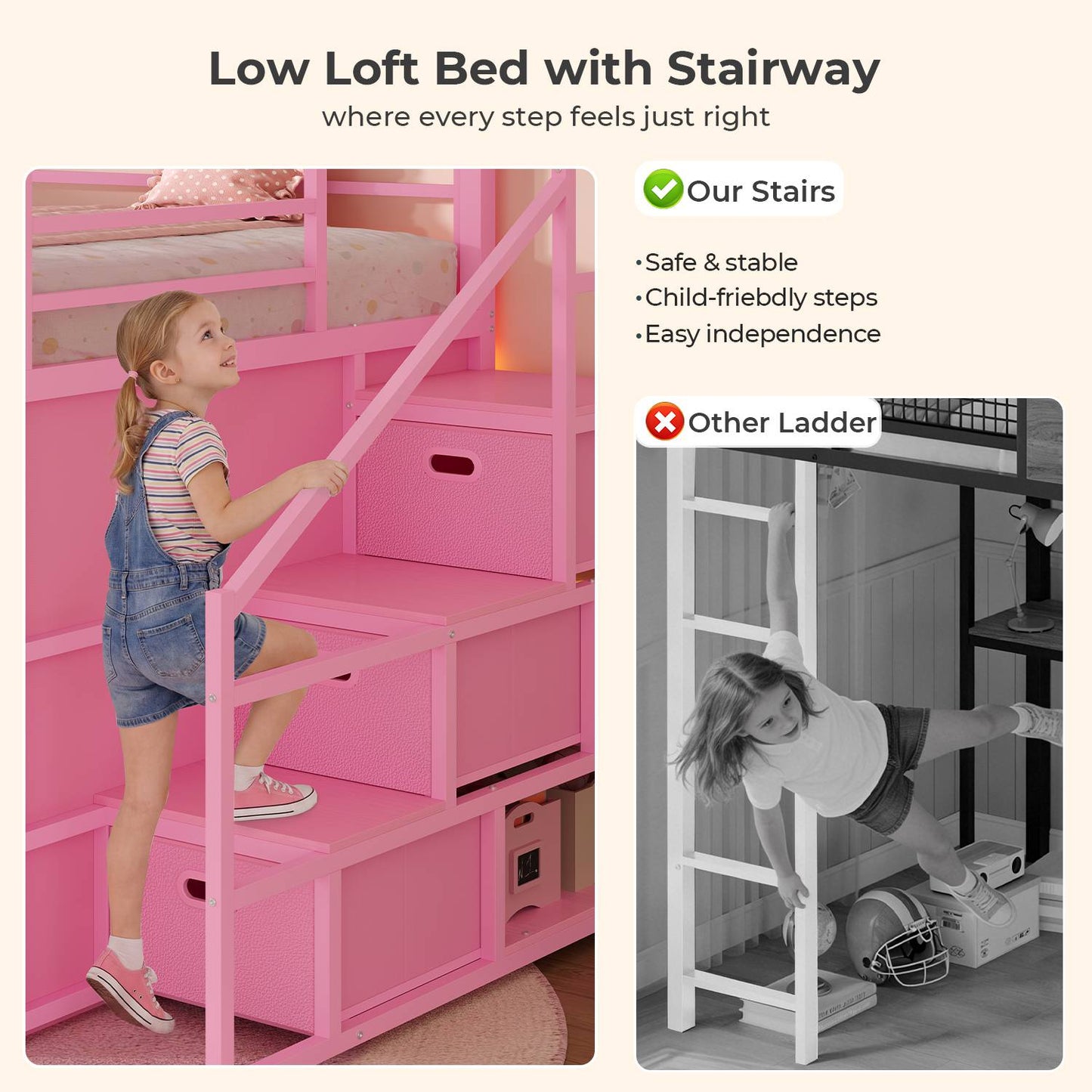 ADORNEVE Low Loft Bed Twin Size with Stairs and Privacy Curtain LED loft bed with Art  Drawing Desk and 5 Drawers Kids Loft Bed with Bookshelf and Safety Guardrail Under-Bed Play Space