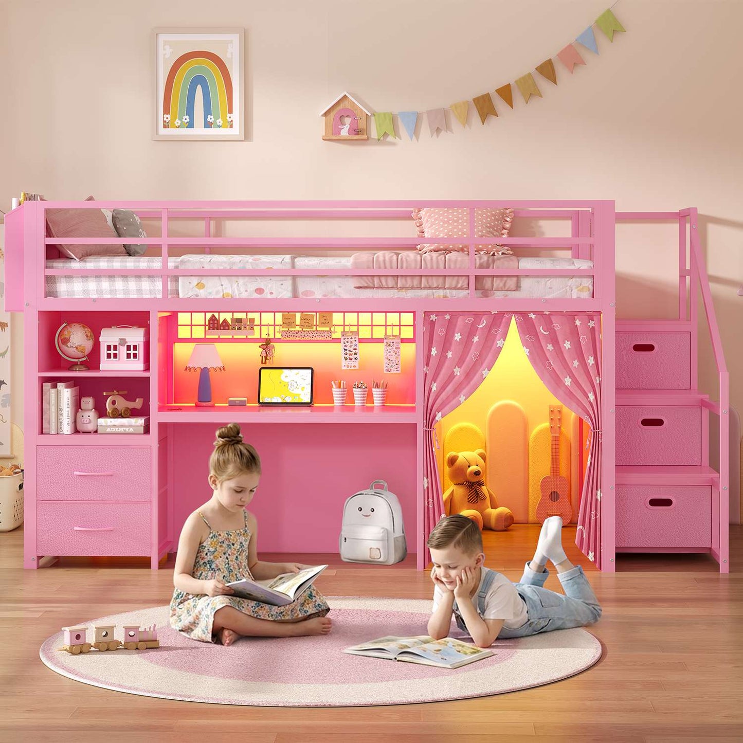 ADORNEVE Low Loft Bed Twin Size with Stairs and Privacy Curtain LED loft bed with Art  Drawing Desk and 5 Drawers Kids Loft Bed with Bookshelf and Safety Guardrail Under-Bed Play Space