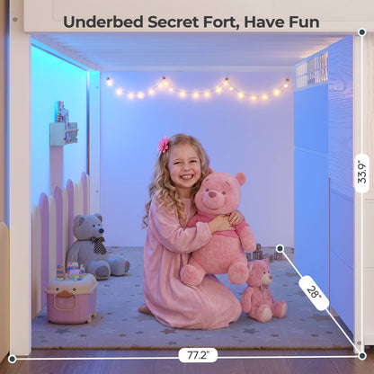 ADORNEVE Low Loft Bed Twin Size with Stairs and Privacy Curtain LED loft bed with Art  Drawing Desk and 5 Drawers Kids Loft Bed with Bookshelf and Safety Guardrail Under-Bed Play Space