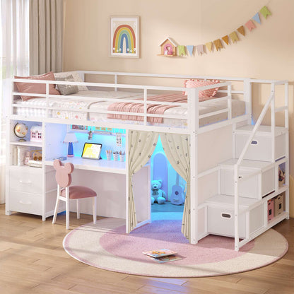 ADORNEVE Low Loft Bed Twin Size with Stairs and Privacy Curtain LED loft bed with Art  Drawing Desk and 5 Drawers Kids Loft Bed with Bookshelf and Safety Guardrail Under-Bed Play Space