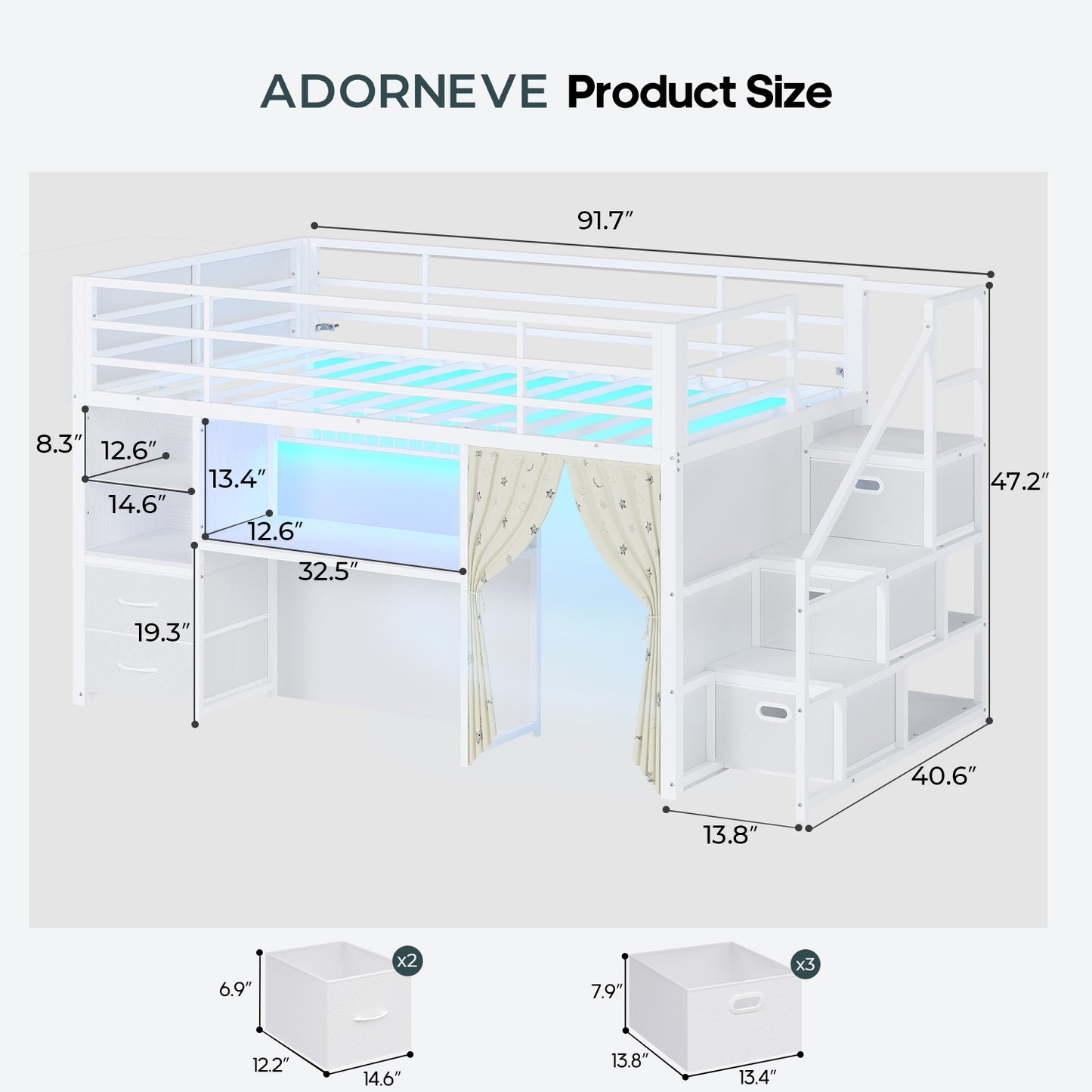 ADORNEVE Low Loft Bed Twin Size with Stairs and Privacy Curtain LED loft bed with Art  Drawing Desk and 5 Drawers Kids Loft Bed with Bookshelf and Safety Guardrail Under-Bed Play Space