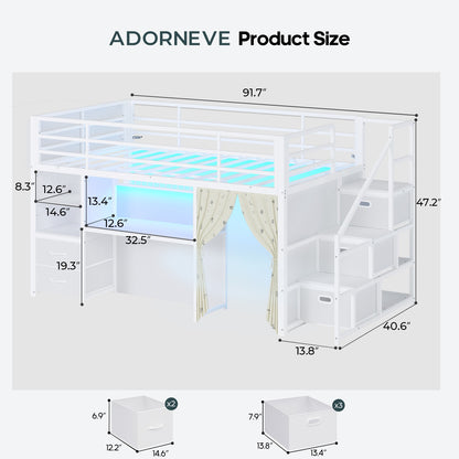 ADORNEVE Low Loft Bed Twin Size with Stairs and Privacy Curtain LED loft bed with Art  Drawing Desk and 5 Drawers Kids Loft Bed with Bookshelf and Safety Guardrail Under-Bed Play Space