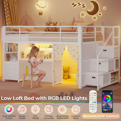 ADORNEVE Low Loft Bed Twin Size with Stairs and Privacy Curtain LED loft bed with Art  Drawing Desk and 5 Drawers Kids Loft Bed with Bookshelf and Safety Guardrail Under-Bed Play Space