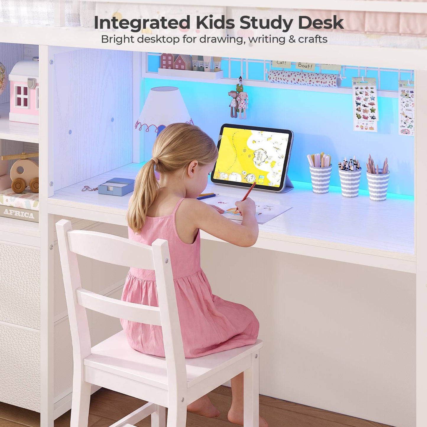 ADORNEVE Low Loft Bed Twin Size with Stairs and Privacy Curtain LED loft bed with Art  Drawing Desk and 5 Drawers Kids Loft Bed with Bookshelf and Safety Guardrail Under-Bed Play Space