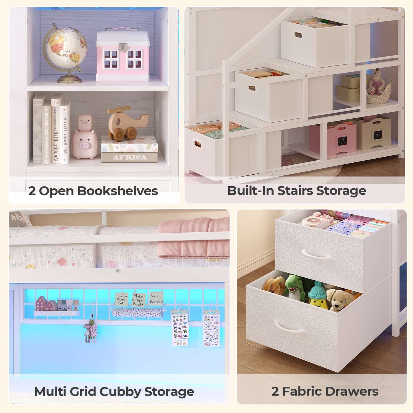 ADORNEVE Low Loft Bed Twin Size with Stairs and Privacy Curtain LED loft bed with Art  Drawing Desk and 5 Drawers Kids Loft Bed with Bookshelf and Safety Guardrail Under-Bed Play Space