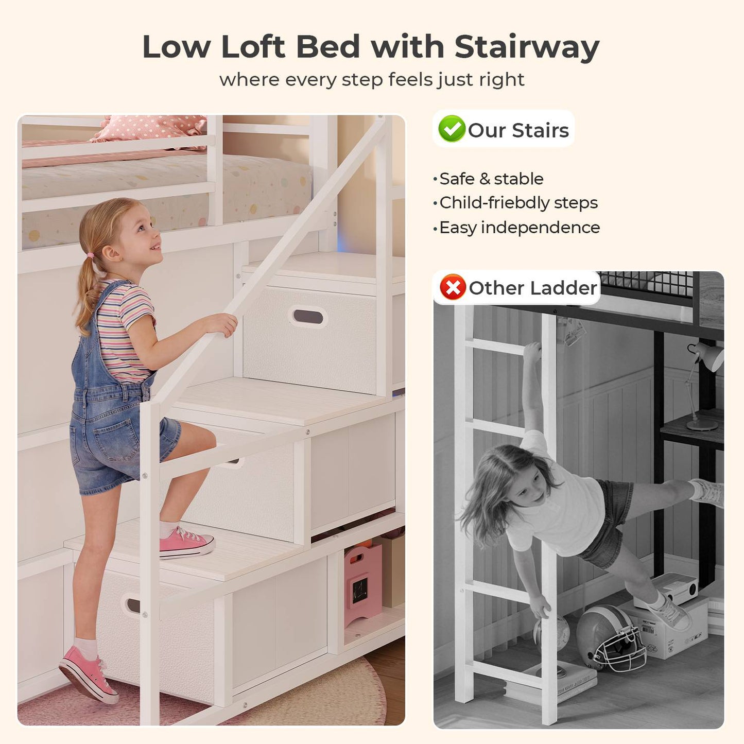 ADORNEVE Low Loft Bed Twin Size with Stairs and Privacy Curtain LED loft bed with Art  Drawing Desk and 5 Drawers Kids Loft Bed with Bookshelf and Safety Guardrail Under-Bed Play Space