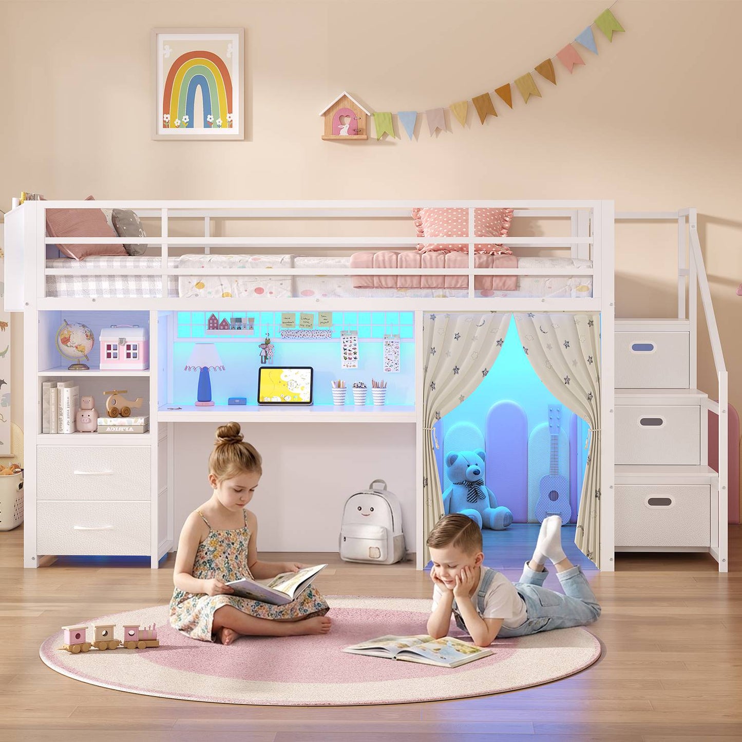 ADORNEVE Low Loft Bed Twin Size with Stairs and Privacy Curtain LED loft bed with Art  Drawing Desk and 5 Drawers Kids Loft Bed with Bookshelf and Safety Guardrail Under-Bed Play Space