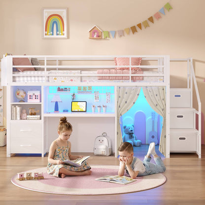 ADORNEVE Low Loft Bed Twin Size with Stairs and Privacy Curtain LED loft bed with Art  Drawing Desk and 5 Drawers Kids Loft Bed with Bookshelf and Safety Guardrail Under-Bed Play Space