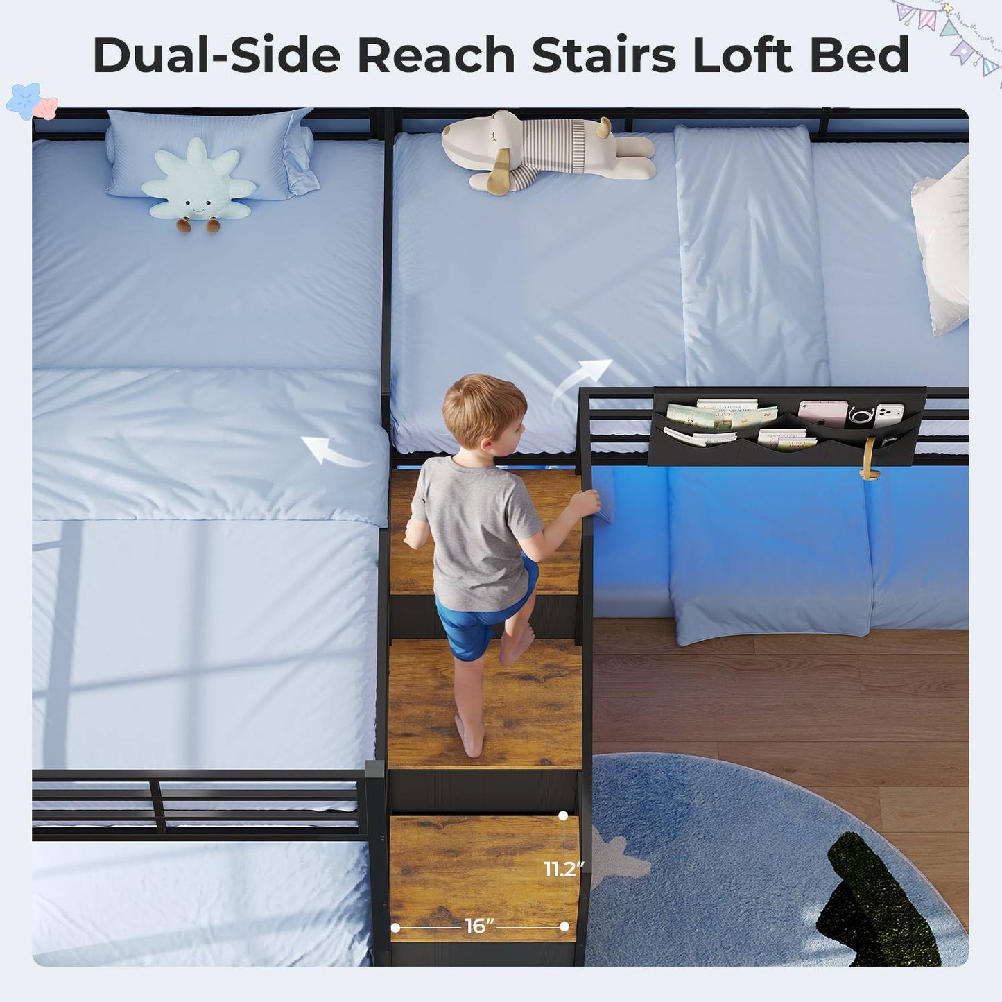 ADORNEVE L-Shaped Triple Bunk Beds Twin Size wit Staircase and 6 Drawers 3 Twin Beds with All-Around Safety Guardrails and Storage Staircase Side Storage Pocket