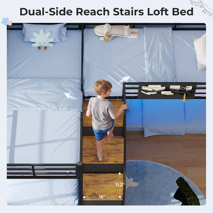ADORNEVE L-Shaped Triple Bunk Beds Twin Size wit Staircase and 6 Drawers 3 Twin Beds with All-Around Safety Guardrails and Storage Staircase Side Storage Pocket