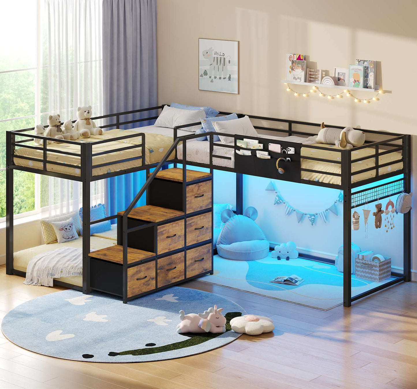 ADORNEVE L-Shaped Triple Bunk Beds Twin Size wit Staircase and 6 Drawers 3 Twin Beds with All-Around Safety Guardrails and Storage Staircase Side Storage Pocket