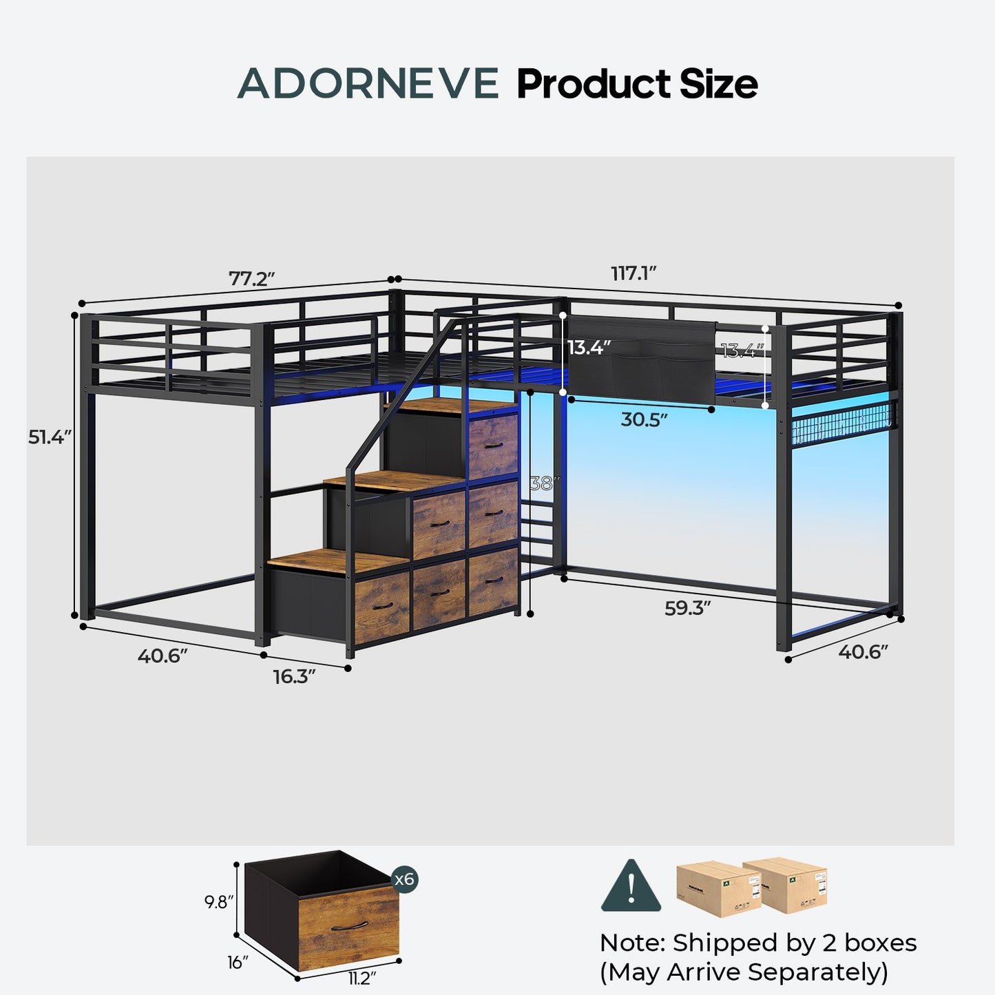 ADORNEVE L-Shaped Triple Bunk Beds Twin Size wit Staircase and 6 Drawers 3 Twin Beds with All-Around Safety Guardrails and Storage Staircase Side Storage Pocket