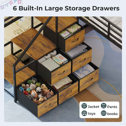 ADORNEVE L-Shaped Triple Bunk Beds Twin Size wit Staircase and 6 Drawers 3 Twin Beds with All-Around Safety Guardrails and Storage Staircase Side Storage Pocket
