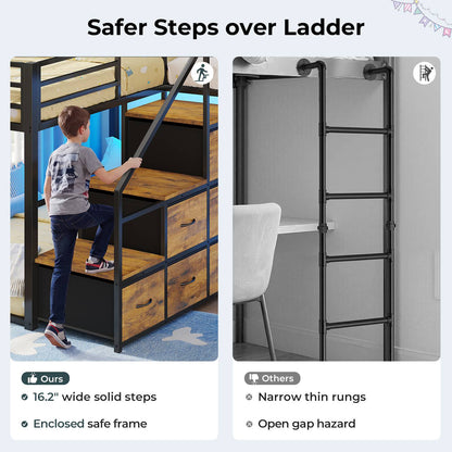 ADORNEVE L-Shaped Triple Bunk Beds Twin Size wit Staircase and 6 Drawers 3 Twin Beds with All-Around Safety Guardrails and Storage Staircase Side Storage Pocket