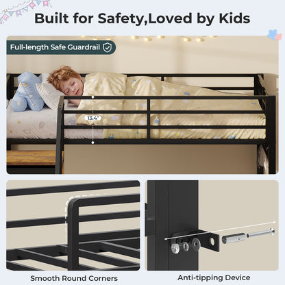 ADORNEVE L-Shaped Triple Bunk Beds Twin Size wit Staircase and 6 Drawers 3 Twin Beds with All-Around Safety Guardrails and Storage Staircase Side Storage Pocket