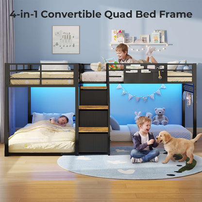 ADORNEVE L-Shaped Triple Bunk Beds Twin Size wit Staircase and 6 Drawers 3 Twin Beds with All-Around Safety Guardrails and Storage Staircase Side Storage Pocket