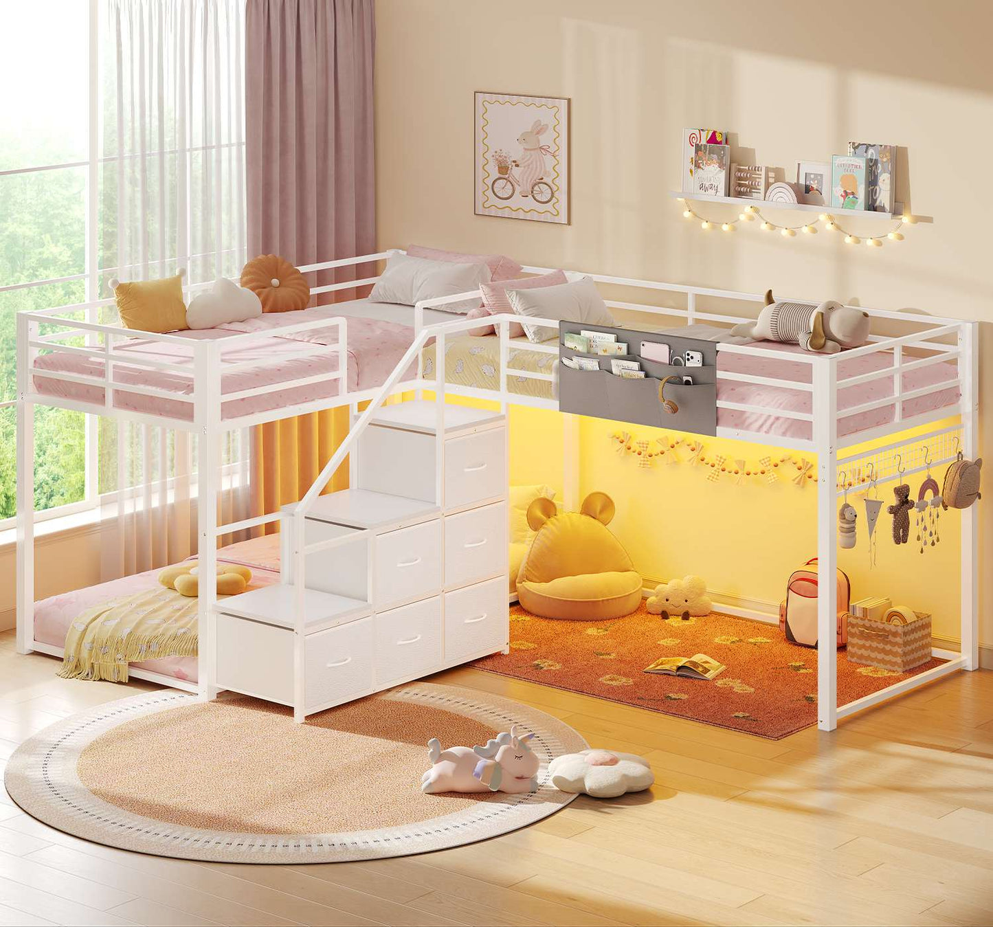 ADORNEVE L-Shaped Triple Bunk Beds Twin Size wit Staircase and 6 Drawers 3 Twin Beds with All-Around Safety Guardrails and Storage Staircase Side Storage Pocket