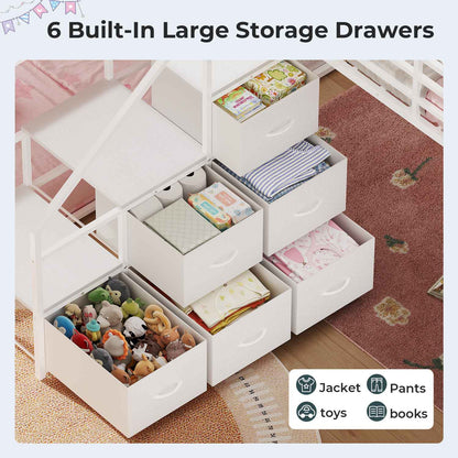 ADORNEVE L-Shaped Triple Bunk Beds Twin Size wit Staircase and 6 Drawers 3 Twin Beds with All-Around Safety Guardrails and Storage Staircase Side Storage Pocket