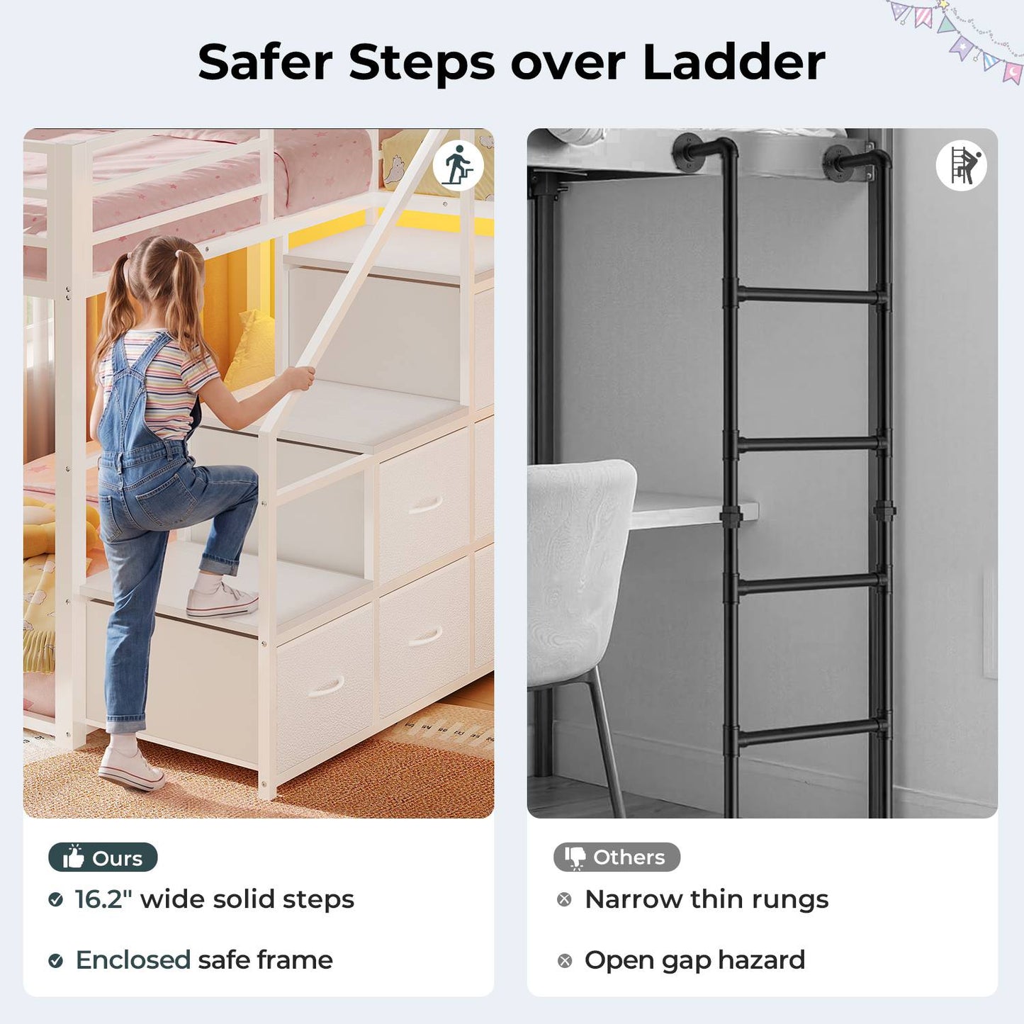 ADORNEVE L-Shaped Triple Bunk Beds Twin Size wit Staircase and 6 Drawers 3 Twin Beds with All-Around Safety Guardrails and Storage Staircase Side Storage Pocket
