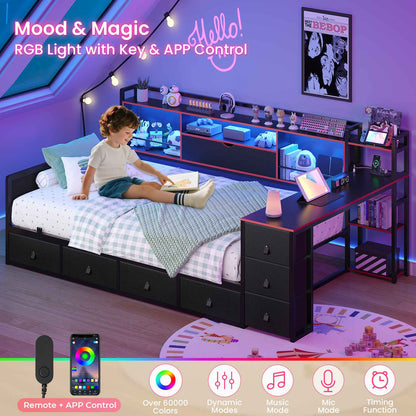 ADORNEVE Corner Bed Frame with Desk Storage Bookcase and 7 Drawers Twin Metal Kids Daybed with Charging Station and RGB Lights