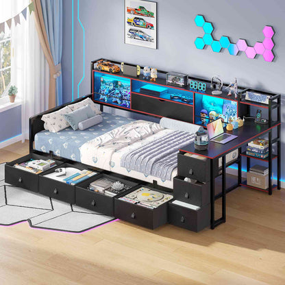 ADORNEVE Corner Bed Frame with Desk Storage Bookcase and 7 Drawers Twin Metal Kids Daybed with Charging Station and RGB Lights