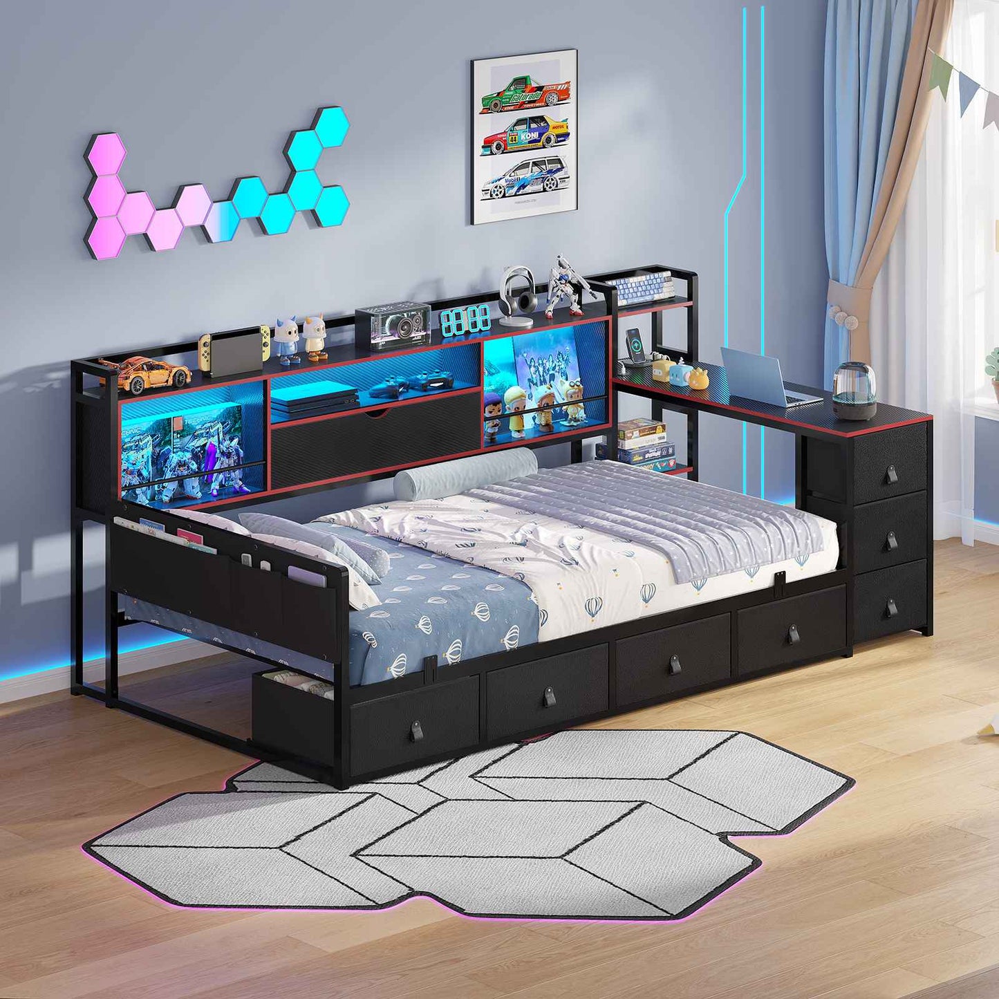 ADORNEVE Corner Bed Frame with Desk Storage Bookcase and 7 Drawers Twin Metal Kids Daybed with Charging Station and RGB Lights