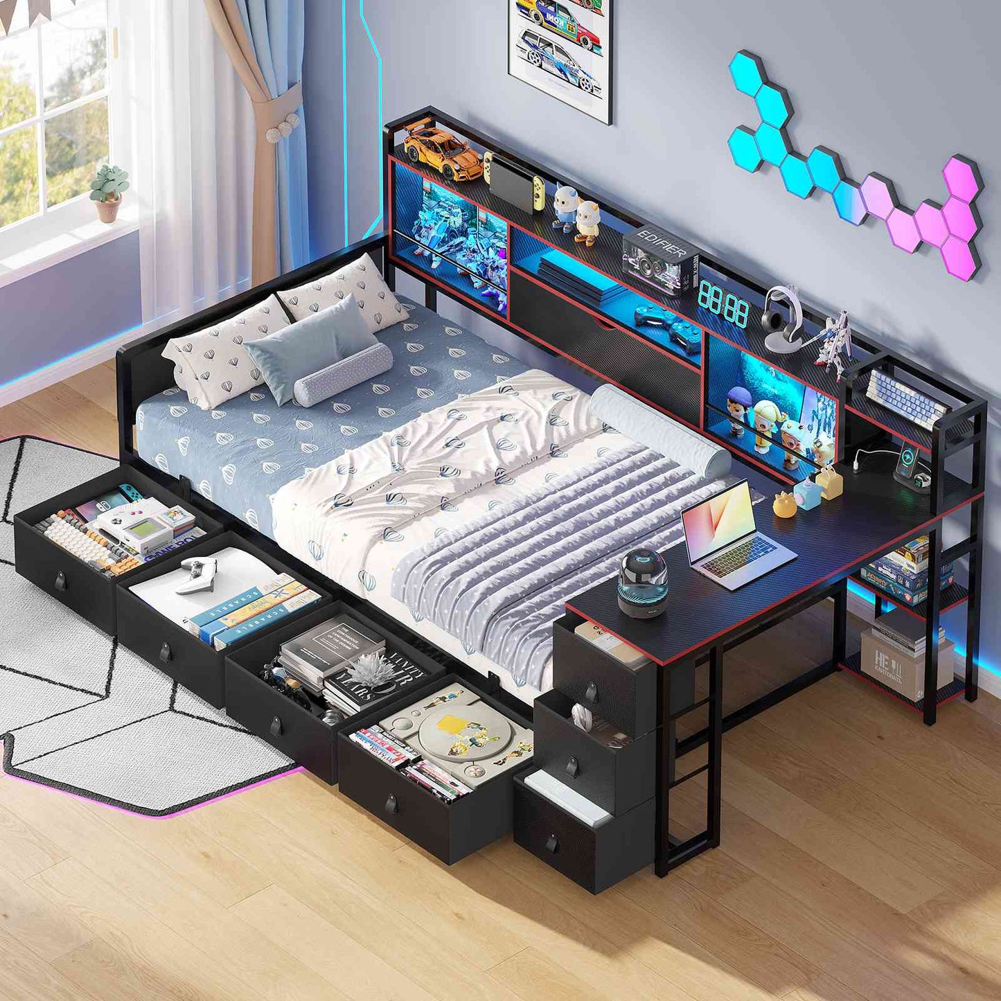 ADORNEVE Corner Bed Frame with Desk Storage Bookcase and 7 Drawers Twin Metal Kids Daybed with Charging Station and RGB Lights