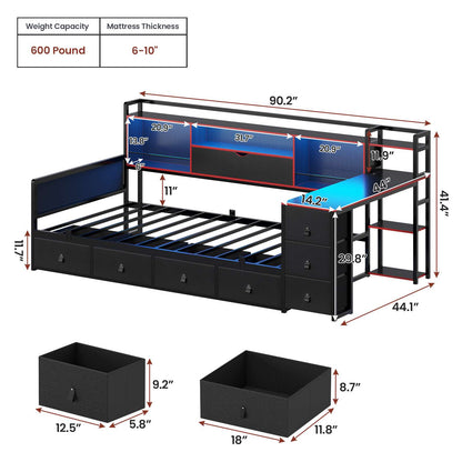 ADORNEVE Corner Bed Frame with Desk Storage Bookcase and 7 Drawers Twin Metal Kids Daybed with Charging Station and RGB Lights