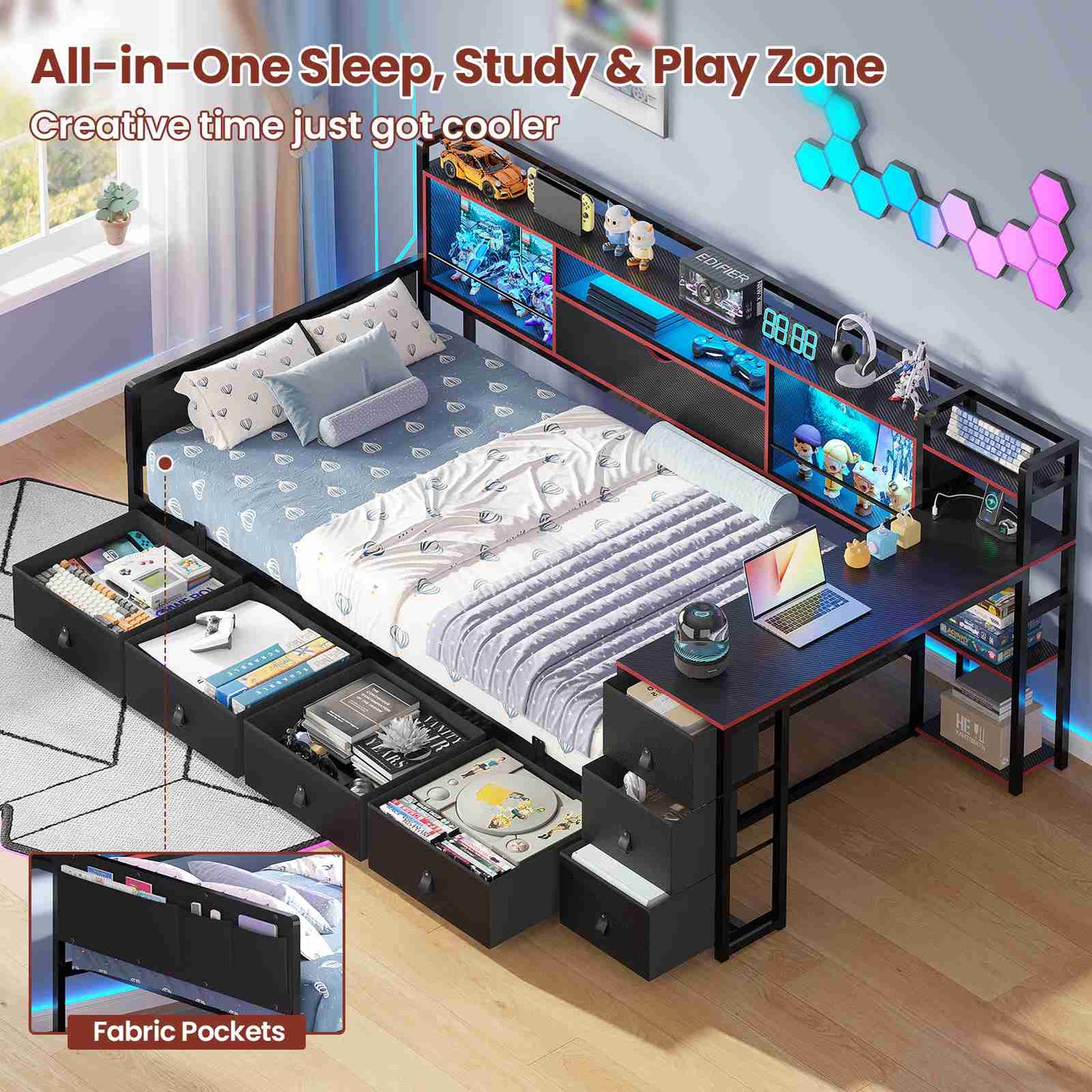 ADORNEVE Corner Bed Frame with Desk Storage Bookcase and 7 Drawers Twin Metal Kids Daybed with Charging Station and RGB Lights