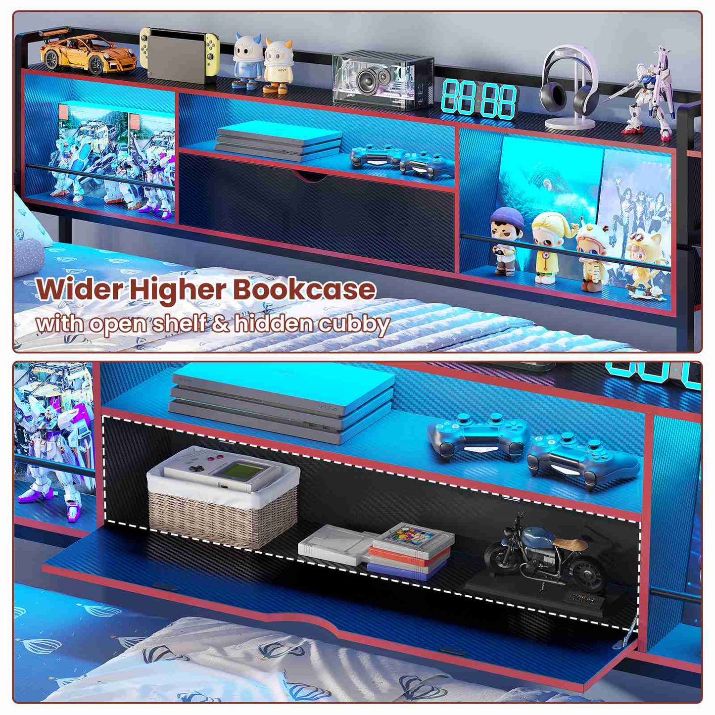 ADORNEVE Corner Bed Frame with Desk Storage Bookcase and 7 Drawers Twin Metal Kids Daybed with Charging Station and RGB Lights