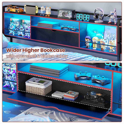 ADORNEVE Corner Bed Frame with Desk Storage Bookcase and 7 Drawers Twin Metal Kids Daybed with Charging Station and RGB Lights