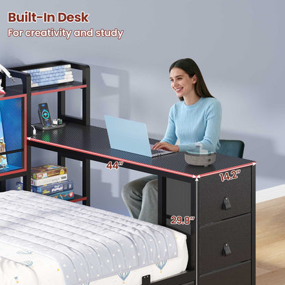 ADORNEVE Corner Bed Frame with Desk Storage Bookcase and 7 Drawers Twin Metal Kids Daybed with Charging Station and RGB Lights