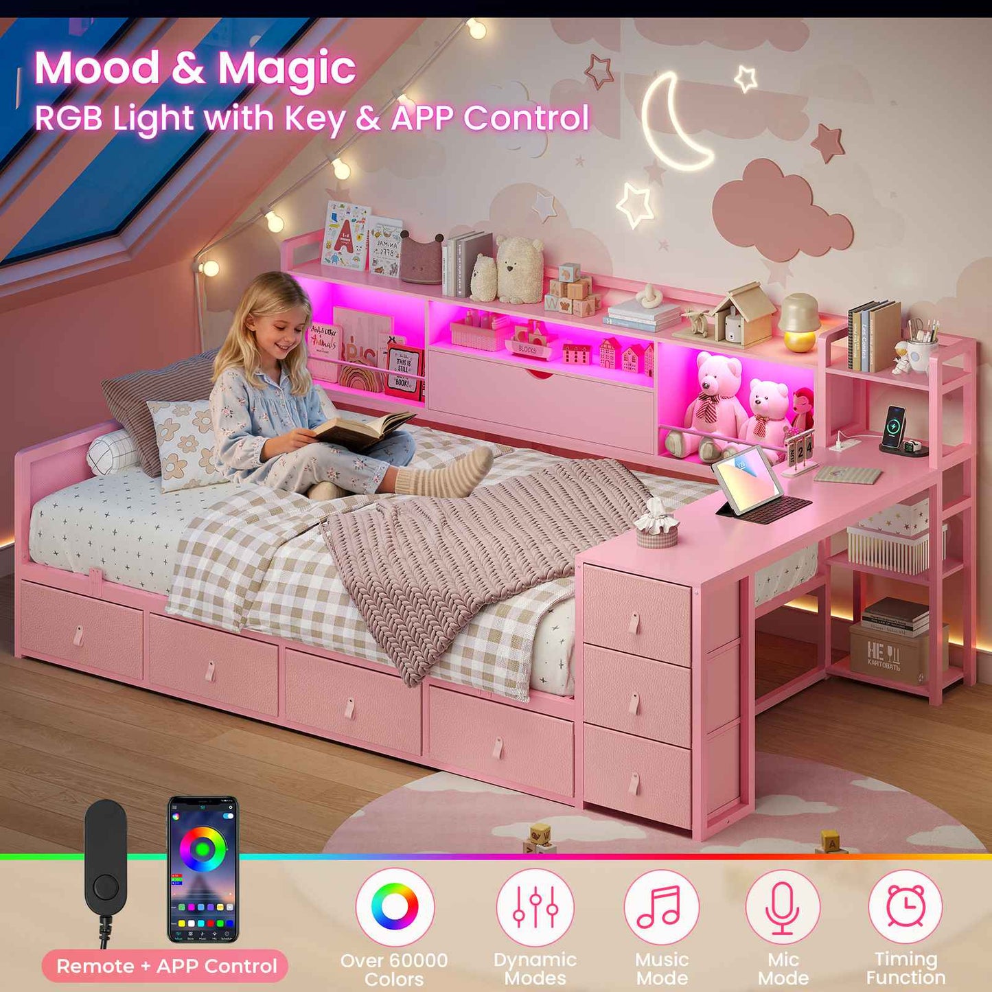 ADORNEVE Corner Bed Frame with Desk Storage Bookcase and 7 Drawers Twin Metal Kids Daybed with Charging Station and RGB Lights