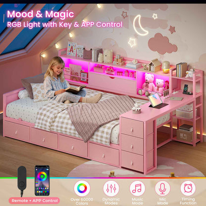 ADORNEVE Corner Bed Frame with Desk Storage Bookcase and 7 Drawers Twin Metal Kids Daybed with Charging Station and RGB Lights