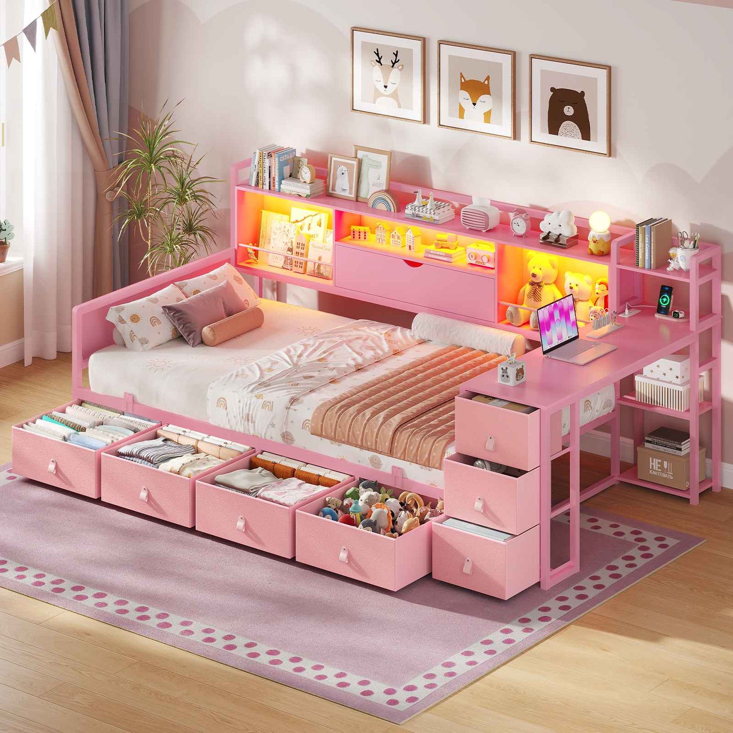 ADORNEVE Corner Bed Frame with Desk Storage Bookcase and 7 Drawers Twin Metal Kids Daybed with Charging Station and RGB Lights