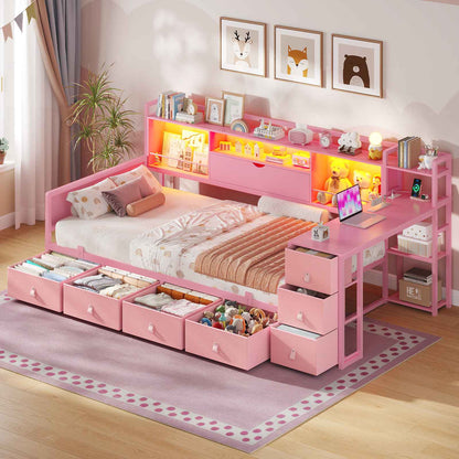 ADORNEVE Corner Bed Frame with Desk Storage Bookcase and 7 Drawers Twin Metal Kids Daybed with Charging Station and RGB Lights
