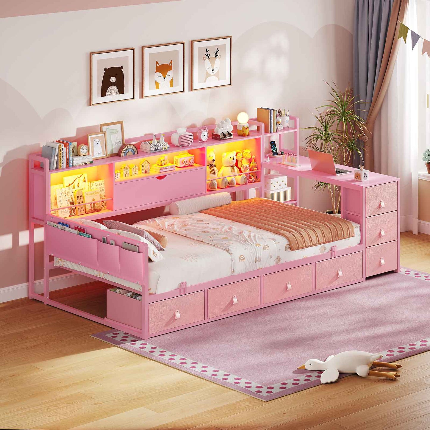 ADORNEVE Corner Bed Frame with Desk Storage Bookcase and 7 Drawers Twin Metal Kids Daybed with Charging Station and RGB Lights