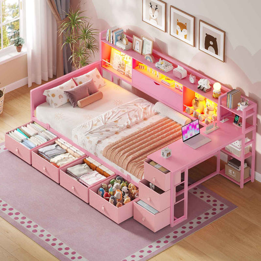 ADORNEVE Corner Bed Frame with Desk Storage Bookcase and 7 Drawers Twin Metal Kids Daybed with Charging Station and RGB Lights