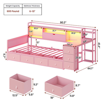 ADORNEVE Corner Bed Frame with Desk Storage Bookcase and 7 Drawers Twin Metal Kids Daybed with Charging Station and RGB Lights