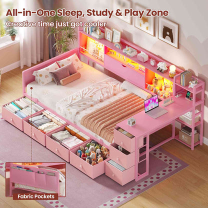 ADORNEVE Corner Bed Frame with Desk Storage Bookcase and 7 Drawers Twin Metal Kids Daybed with Charging Station and RGB Lights
