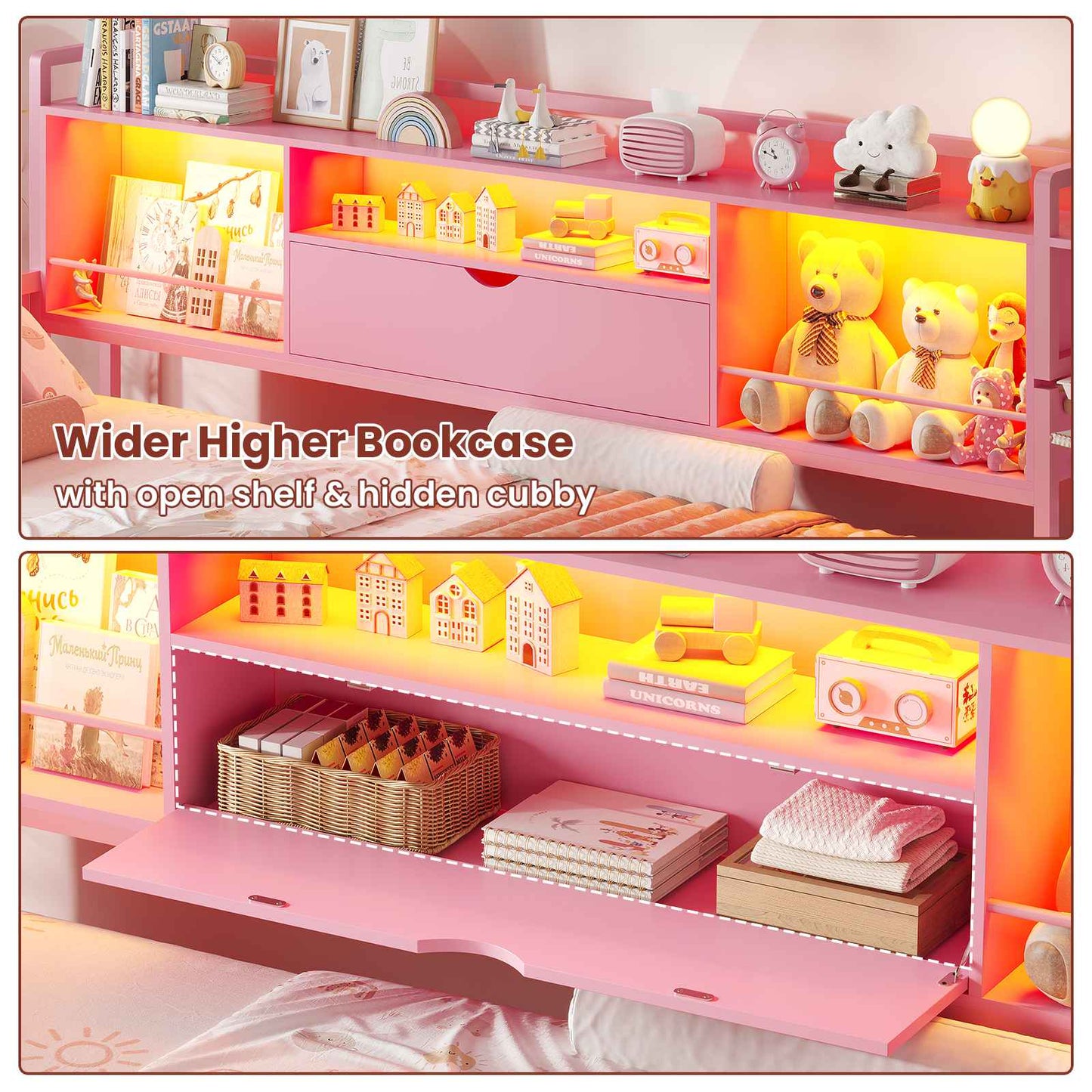 ADORNEVE Corner Bed Frame with Desk Storage Bookcase and 7 Drawers Twin Metal Kids Daybed with Charging Station and RGB Lights