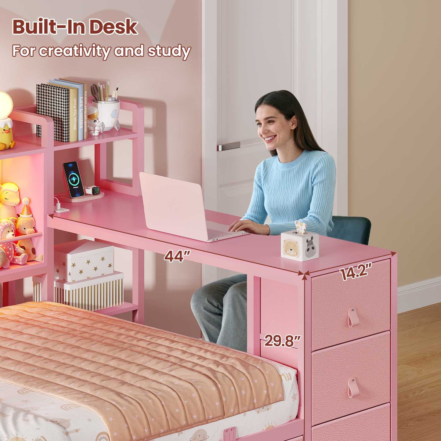 ADORNEVE Corner Bed Frame with Desk Storage Bookcase and 7 Drawers Twin Metal Kids Daybed with Charging Station and RGB Lights