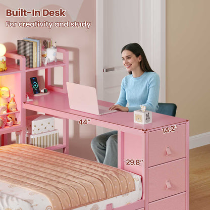ADORNEVE Corner Bed Frame with Desk Storage Bookcase and 7 Drawers Twin Metal Kids Daybed with Charging Station and RGB Lights