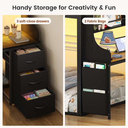 ADORNEVE Low Bunk Bed Twin Over Twin with Desk and Wide Staircase Metal Floor Bunk with Built-in Bookshelf and 3 Storage Drawers LED Floor Bunk with Charging Station and High Guardrail
