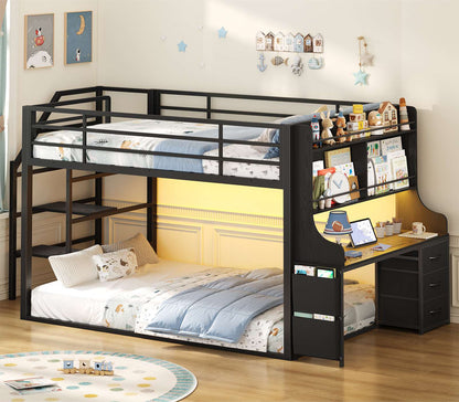 ADORNEVE Low Bunk Bed Twin Over Twin with Desk and Wide Staircase Metal Floor Bunk with Built-in Bookshelf and 3 Storage Drawers LED Floor Bunk with Charging Station and High Guardrail